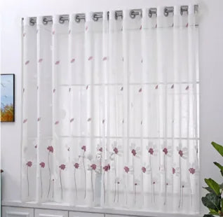 Voilage brodé fleurs style pastoral blanc pour porte-fenêtre léger et , pose à œillets