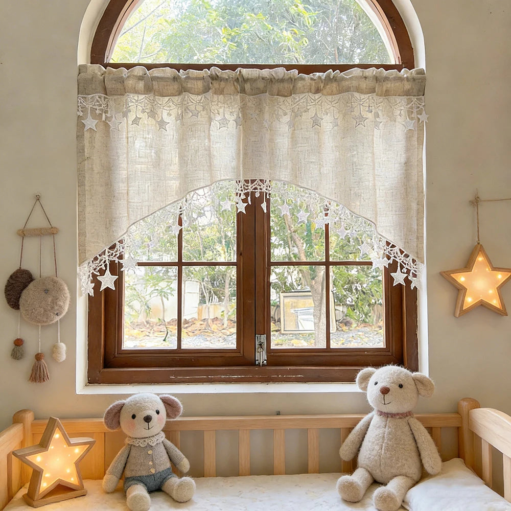 Rideau valance arche brodé étoiles style farmhouse en polyester tamisant