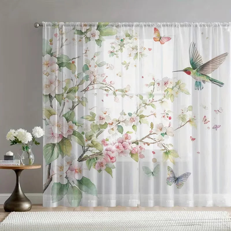 Rideaux voilage fleuris oiseaux translucides romantique, largeur moins de 100 cm