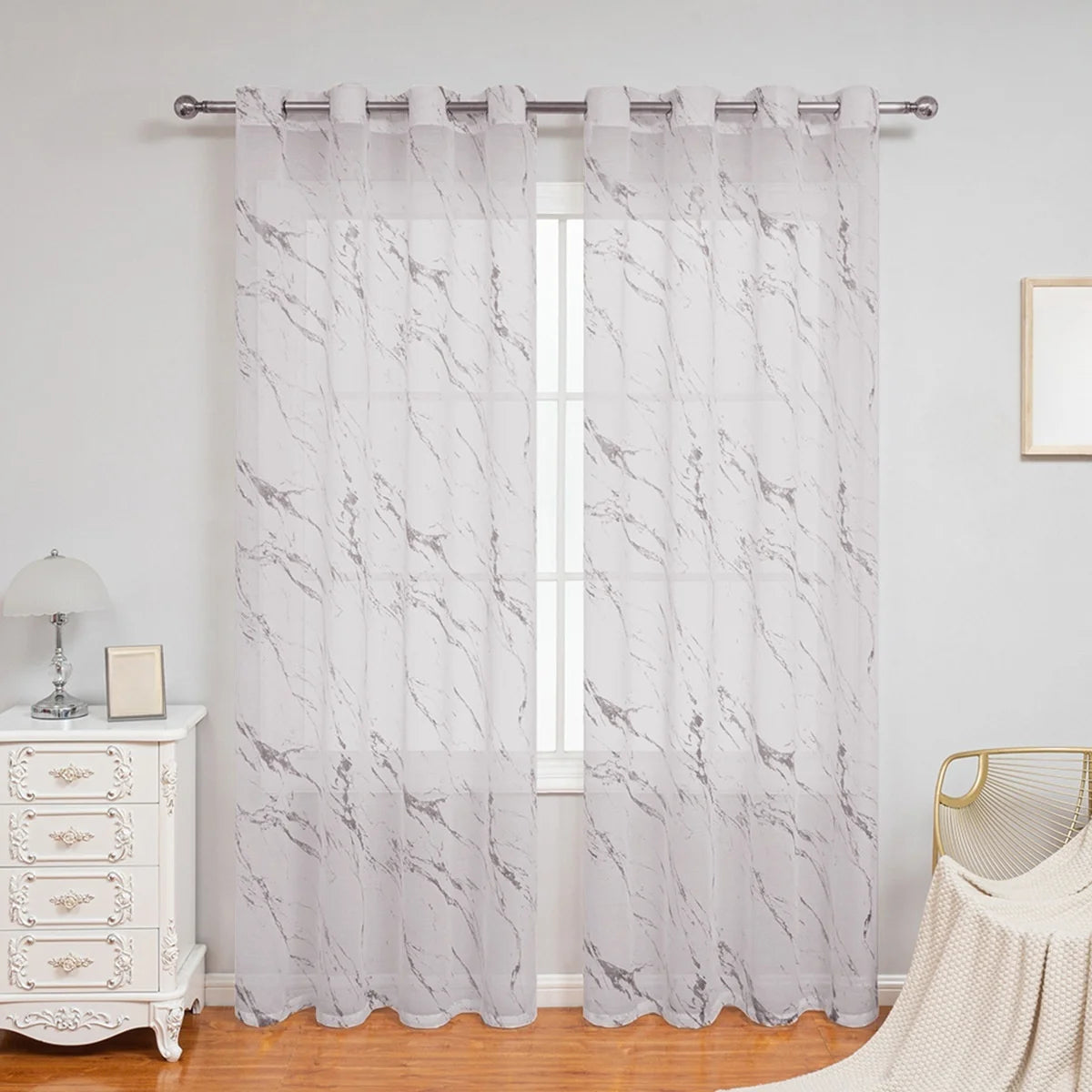 Rideaux voilage effet marbre semi-occultants pour salon et chambre (2 panneaux)
