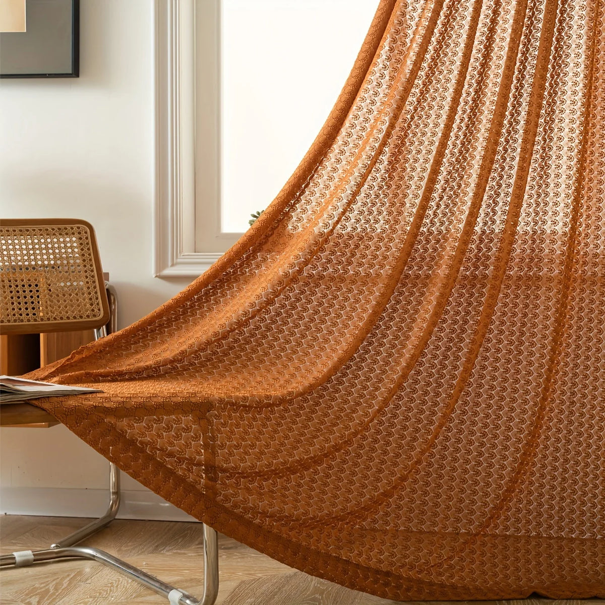 Rideau voilage orange rustique en maille ajourée style campagne chic, largeur 140 à 199 cm