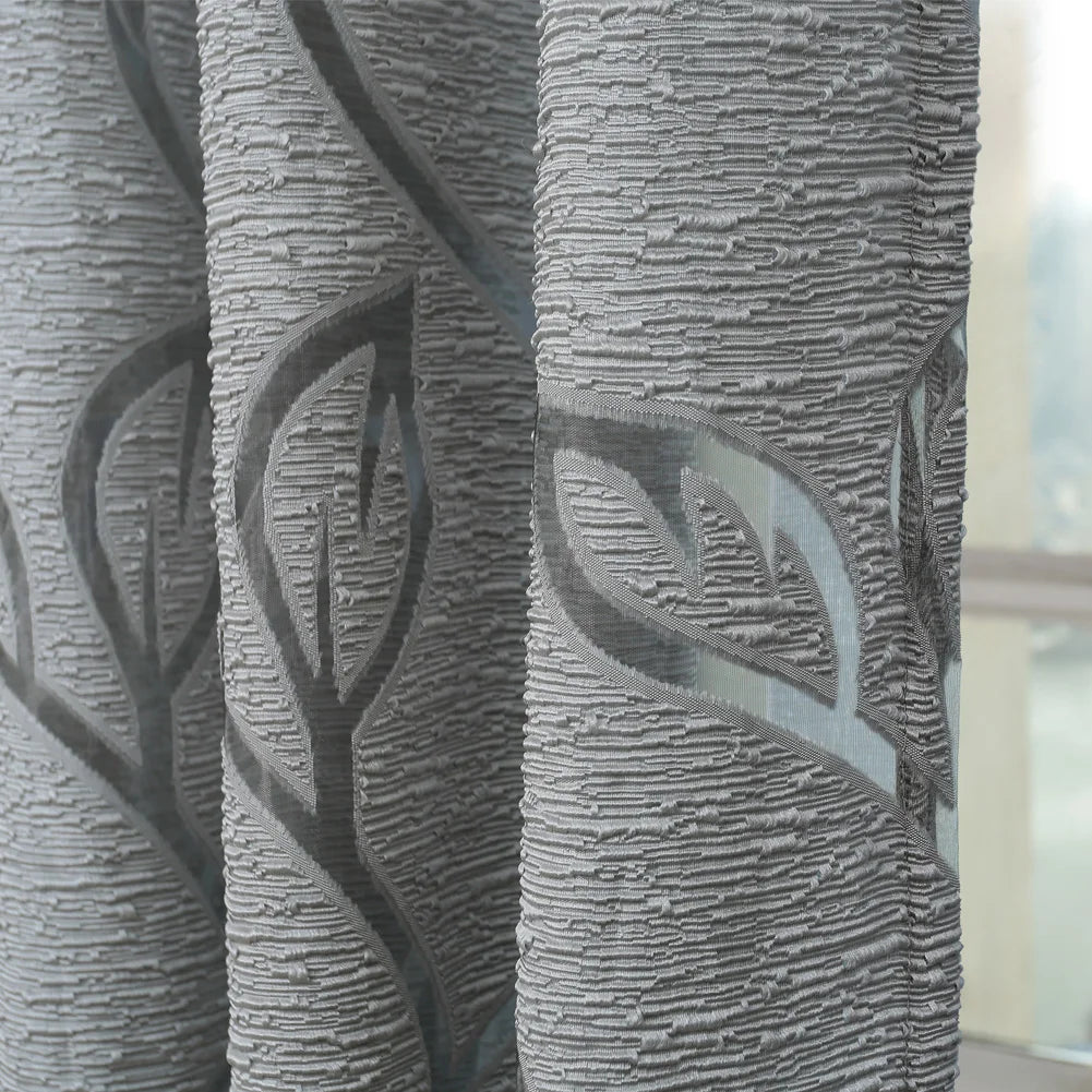 Rideau jacquard gris motif feuilles ajouré pour salon et chambre