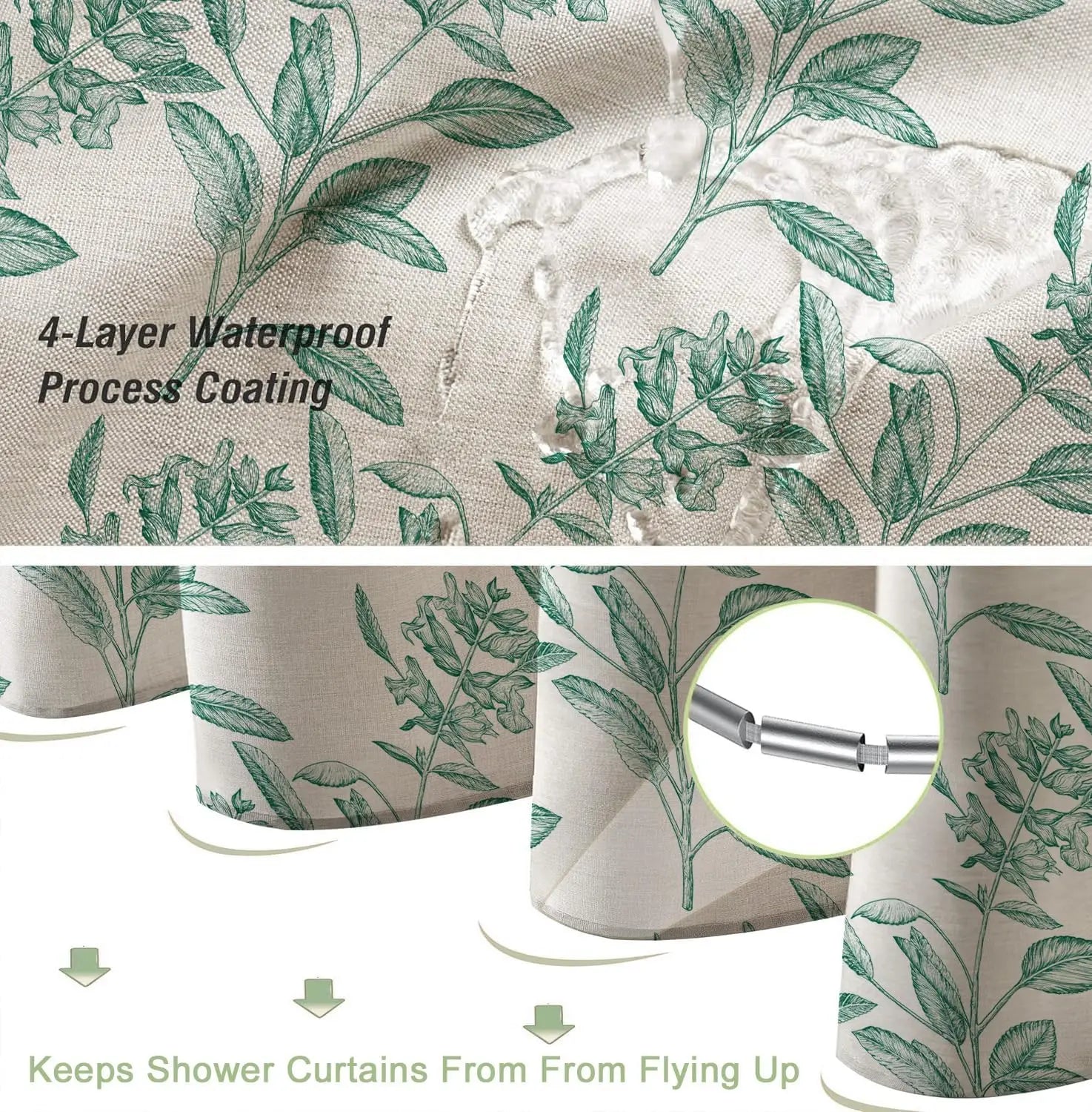 Rideau de douche vert motif floral imperméable style campagne