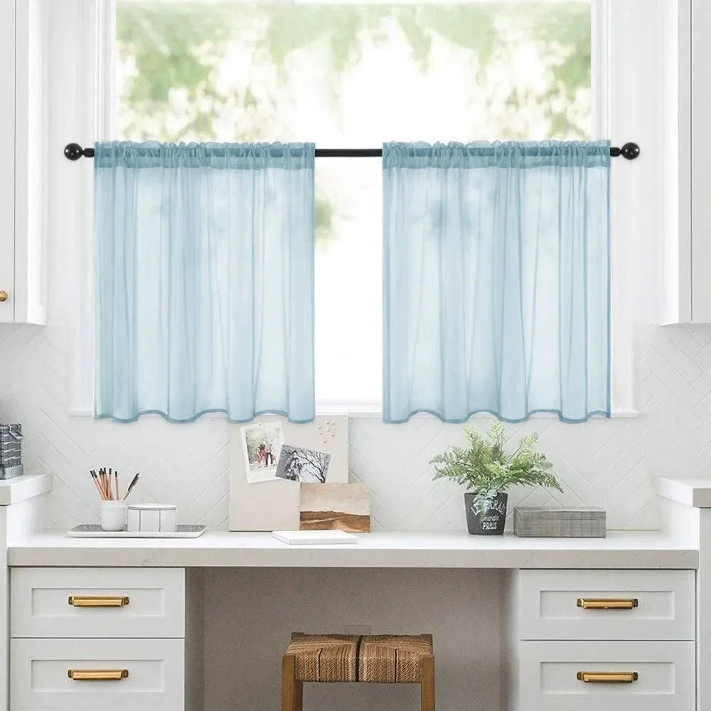 Petit rideau voilage court transparent uni pour cuisine et salle de bain (2 pièces)