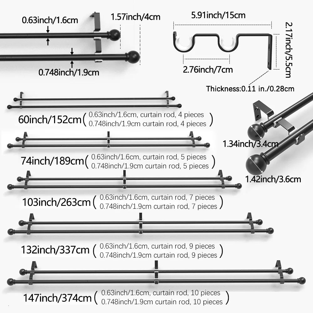 Tringle double rideau extensible noire en métal pour voilage et rideau