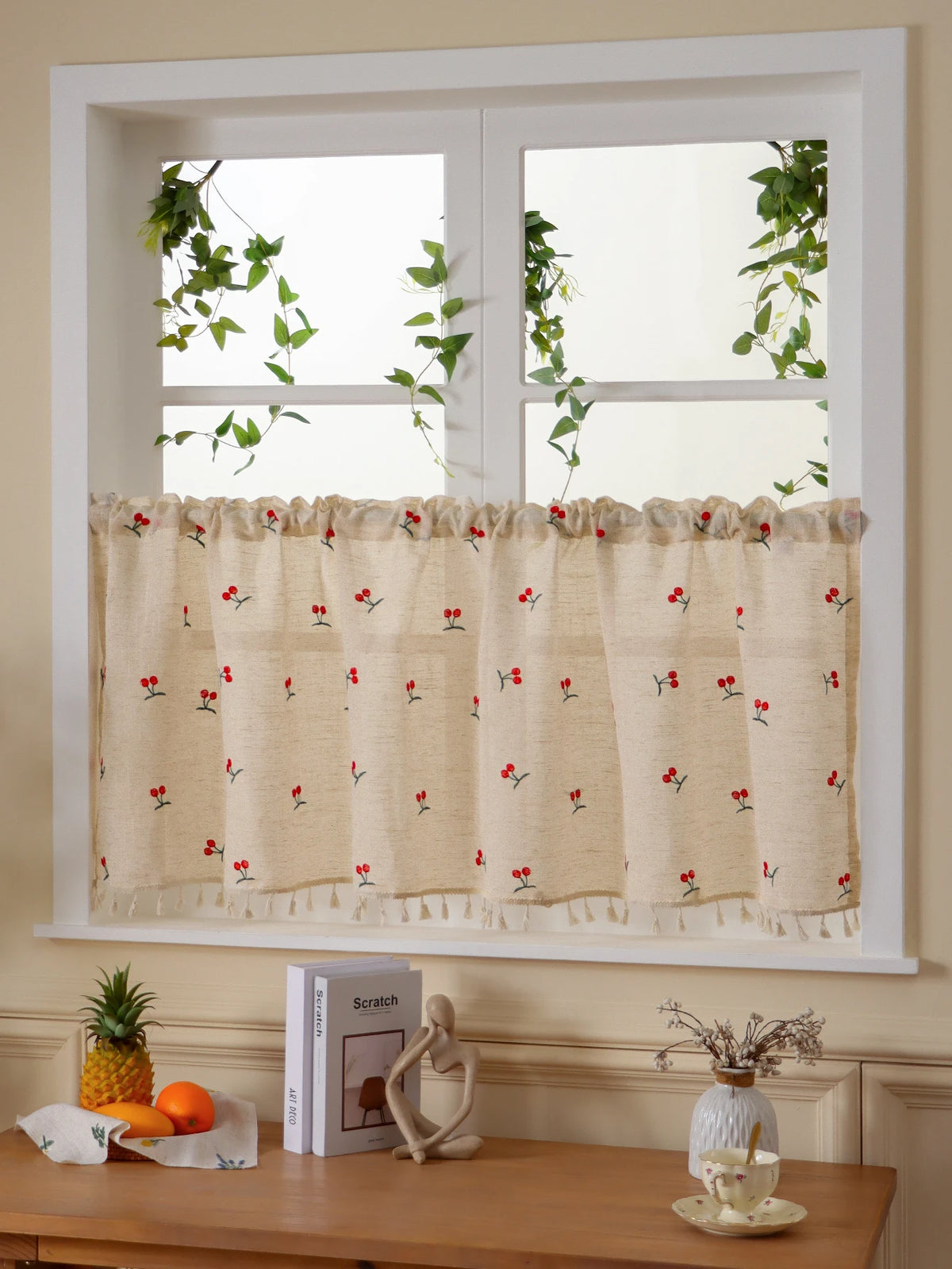 Rideau en Lin Brodé Motif Cerise, largeur 100 à 139 cm