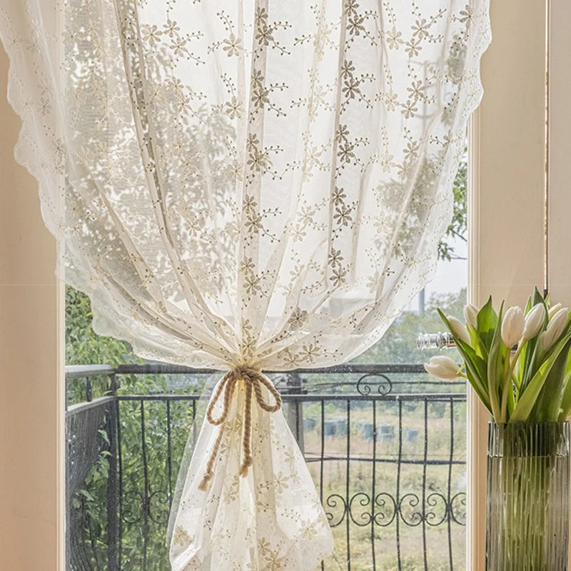 Rideau voilage dentelle beige brodé floral pour fenêtre