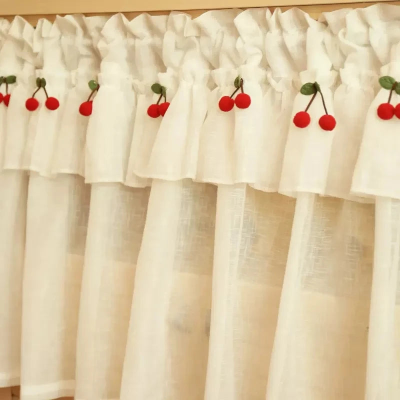 Rideau voilage court en lin blanc avec cantonnière à cerises pour petite fenêtre