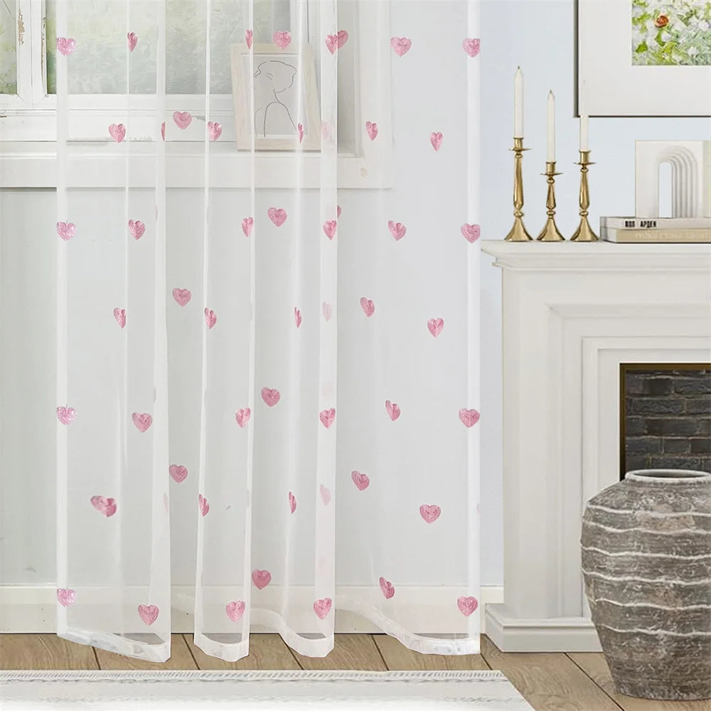 Rideau voilage blanc en mesh brodé cœurs, hauteur 200 à 239 cm