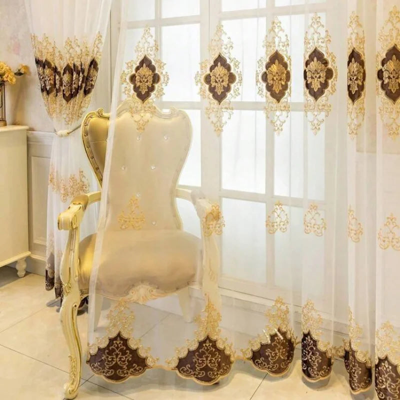 Rideaux voilage brodés européens 2 panneaux en polyester pour salon et chambre