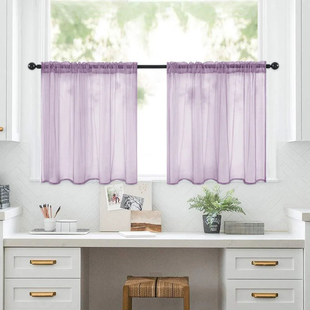 Petit rideau voilage court transparent uni pour cuisine et salle de bain (2 pièces)