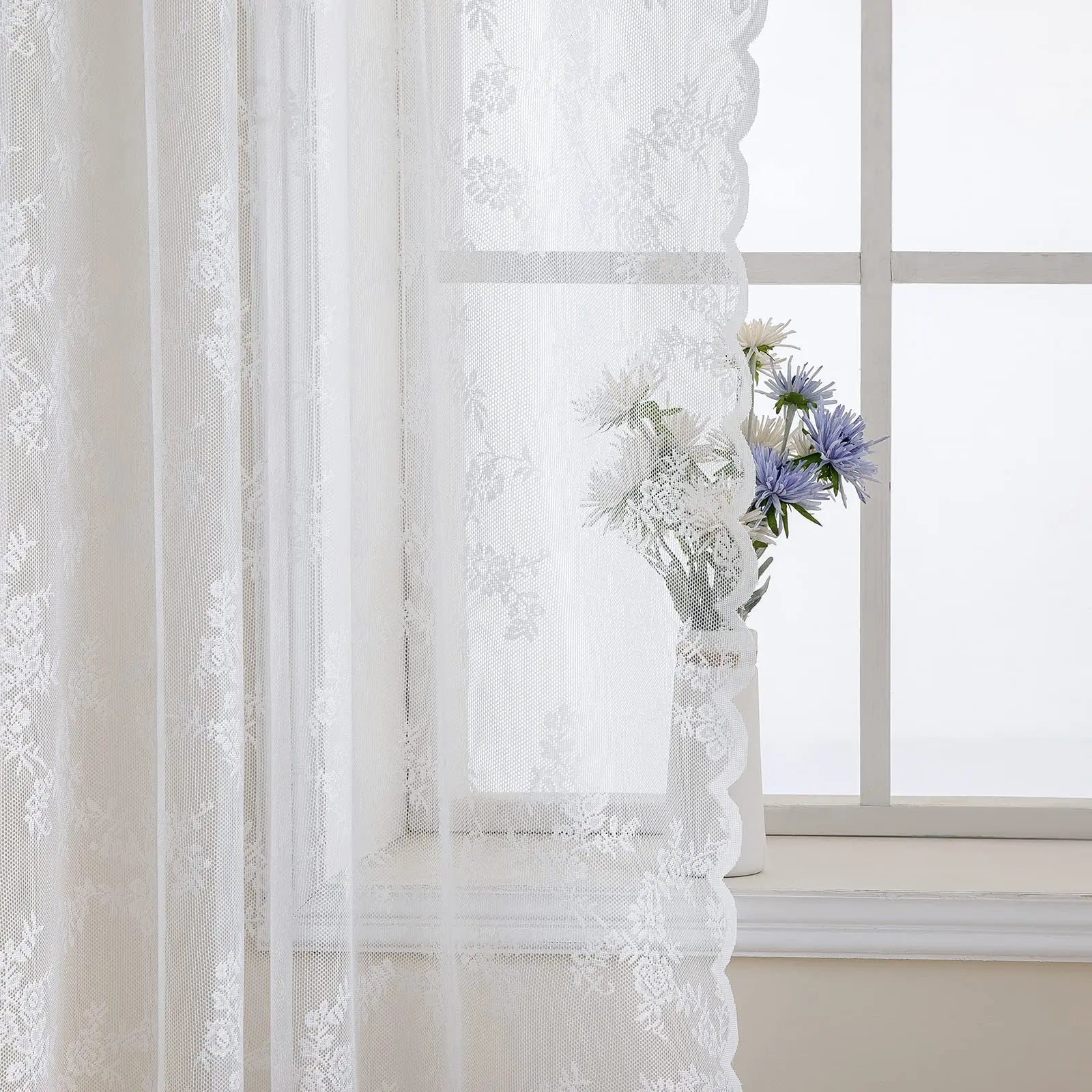 Rideau voilage dentelle blanche florale tamisant élégant pour salon et chambre