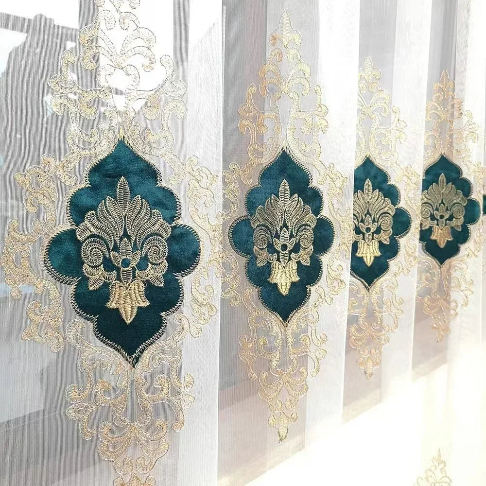 Rideau voilage brodé bleu et doré translucide style luxe, largeur 100 à 139 cm