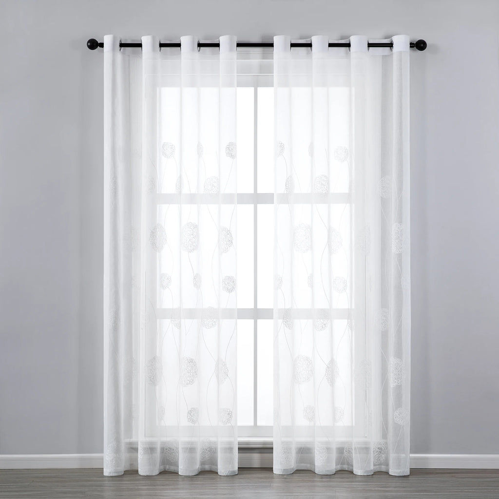 Rideau voilage blanc brodé moderne en polyester, blanc