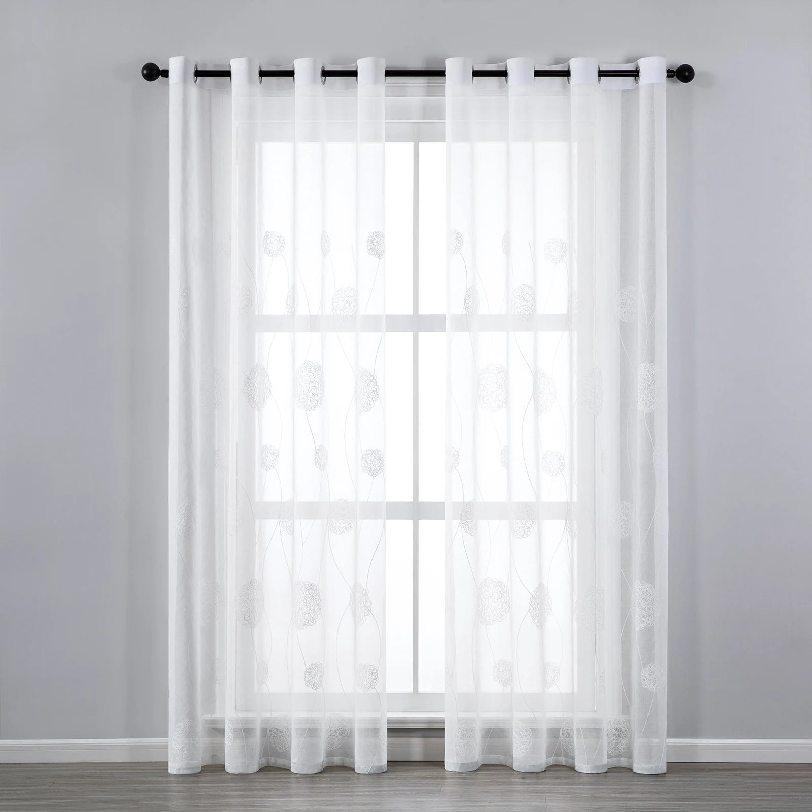 Rideau voilage blanc brodé moderne en polyester – 2 panneaux
