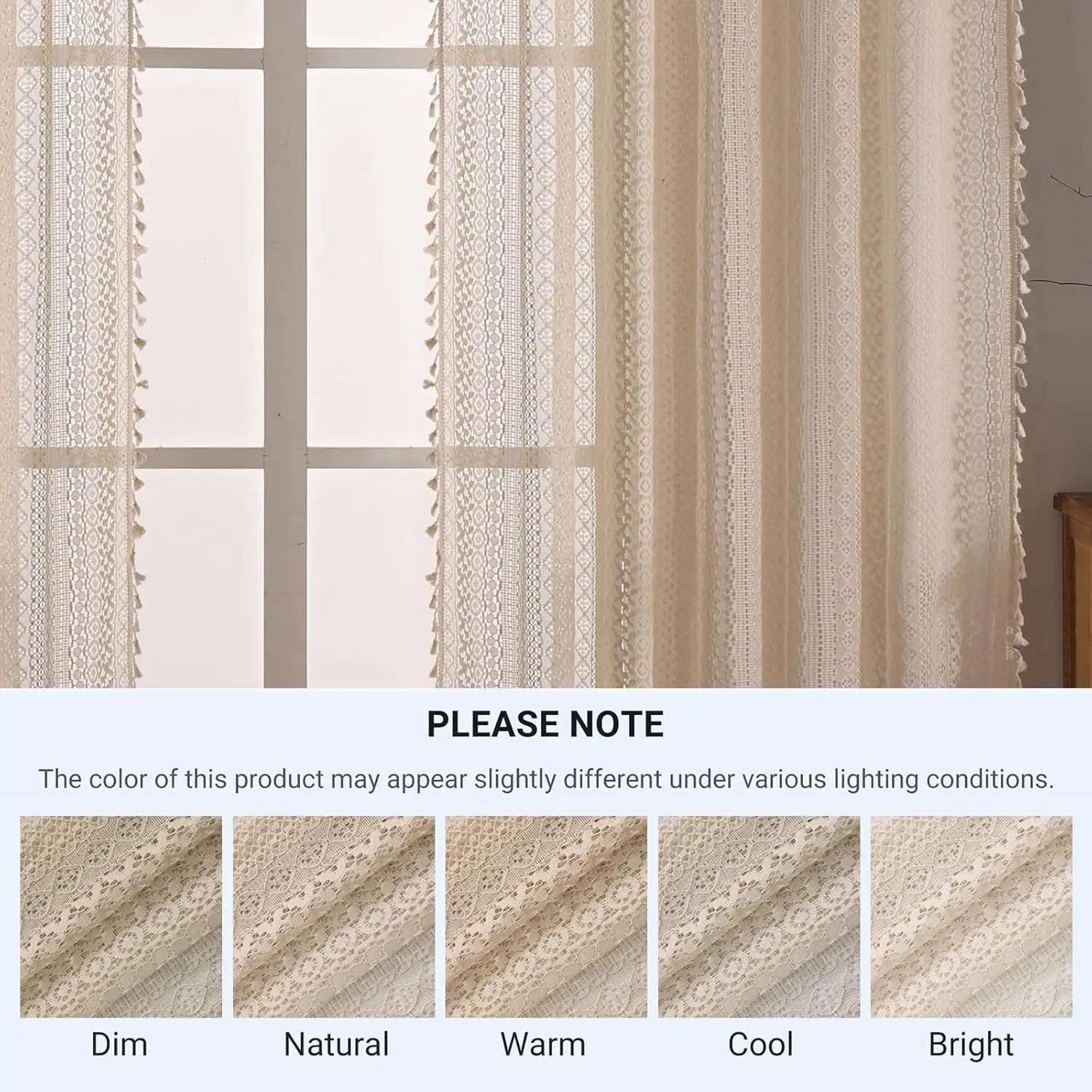 Rideau voilage bohème à pompons beige tamisant style japonais pour porte-fenêtre