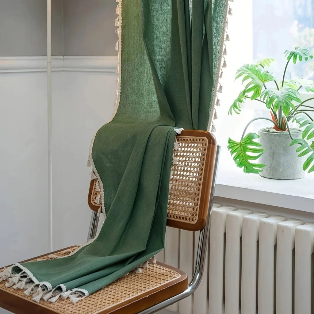 Rideau occultant vert bohème à pompons en polyester coton, hauteur 160 à 199 cm