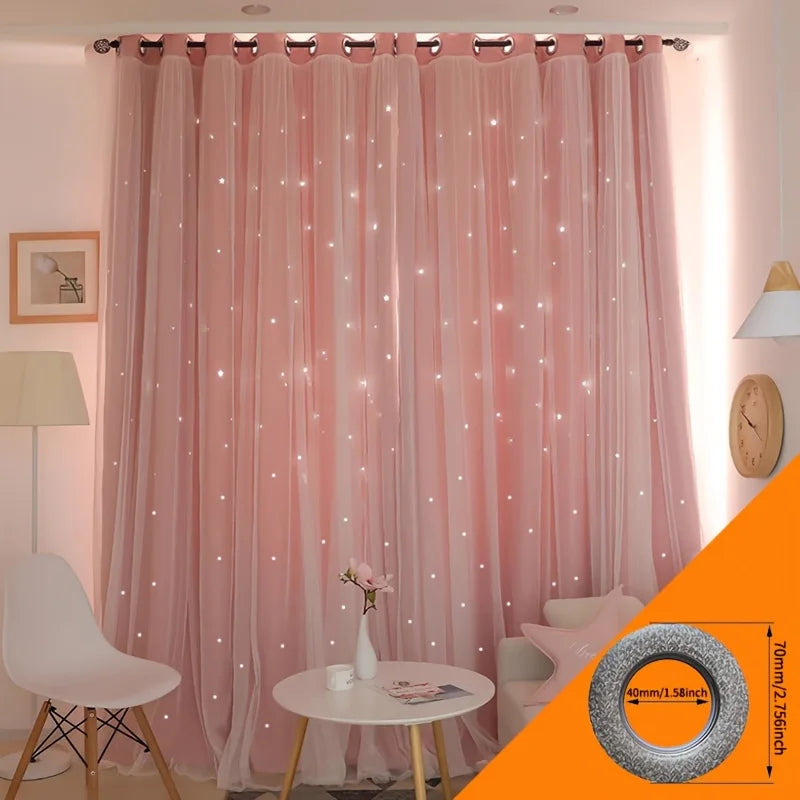 Rideaux occultants double couche étoiles avec voilage intégré bleu ou , rose