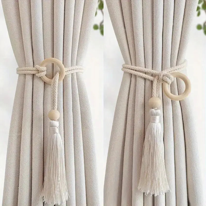 Embrasse de rideau bohème en coton et bois avec pompon (2 pièces)