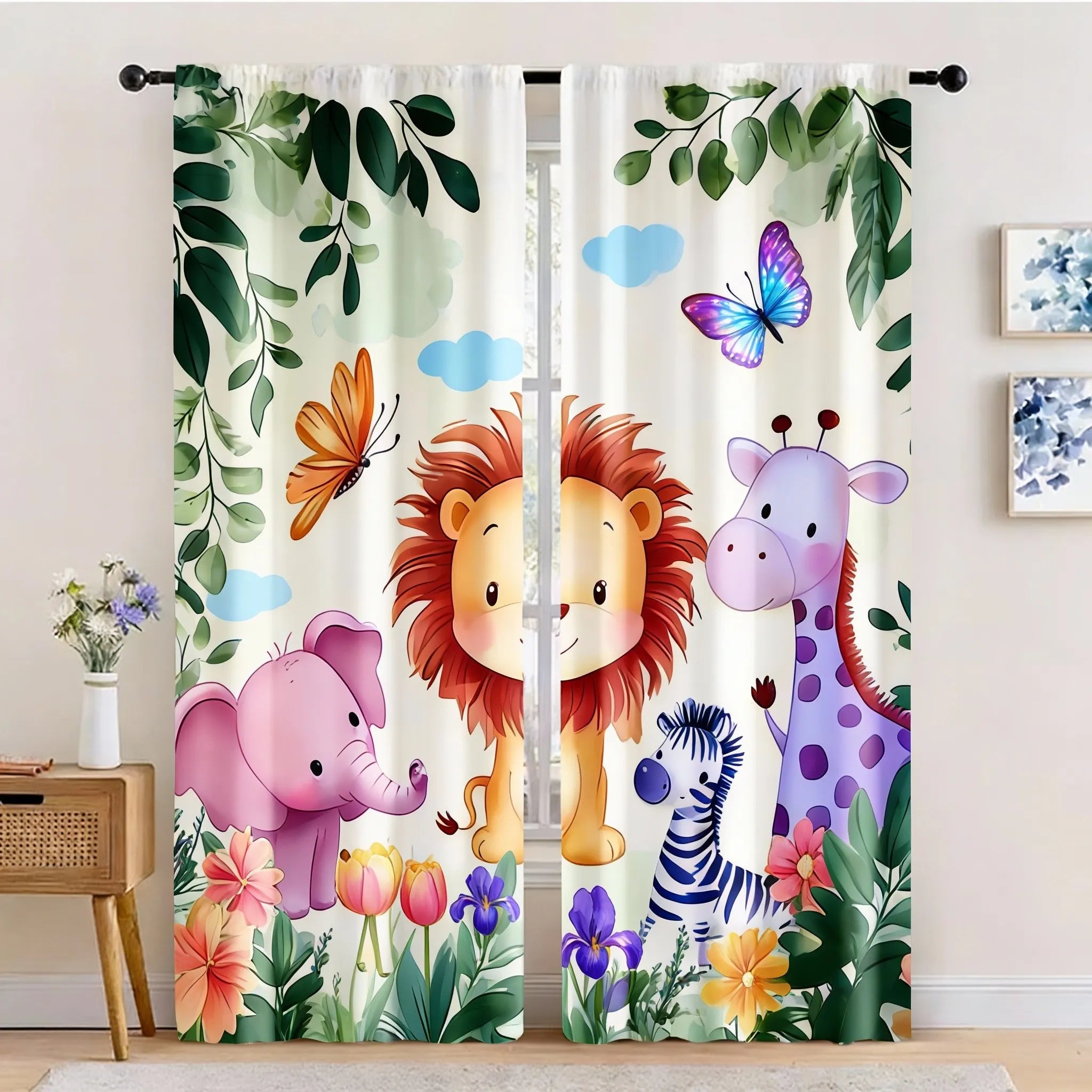 Rideaux voilage enfant animaux jungle tamisant (2 panneaux)