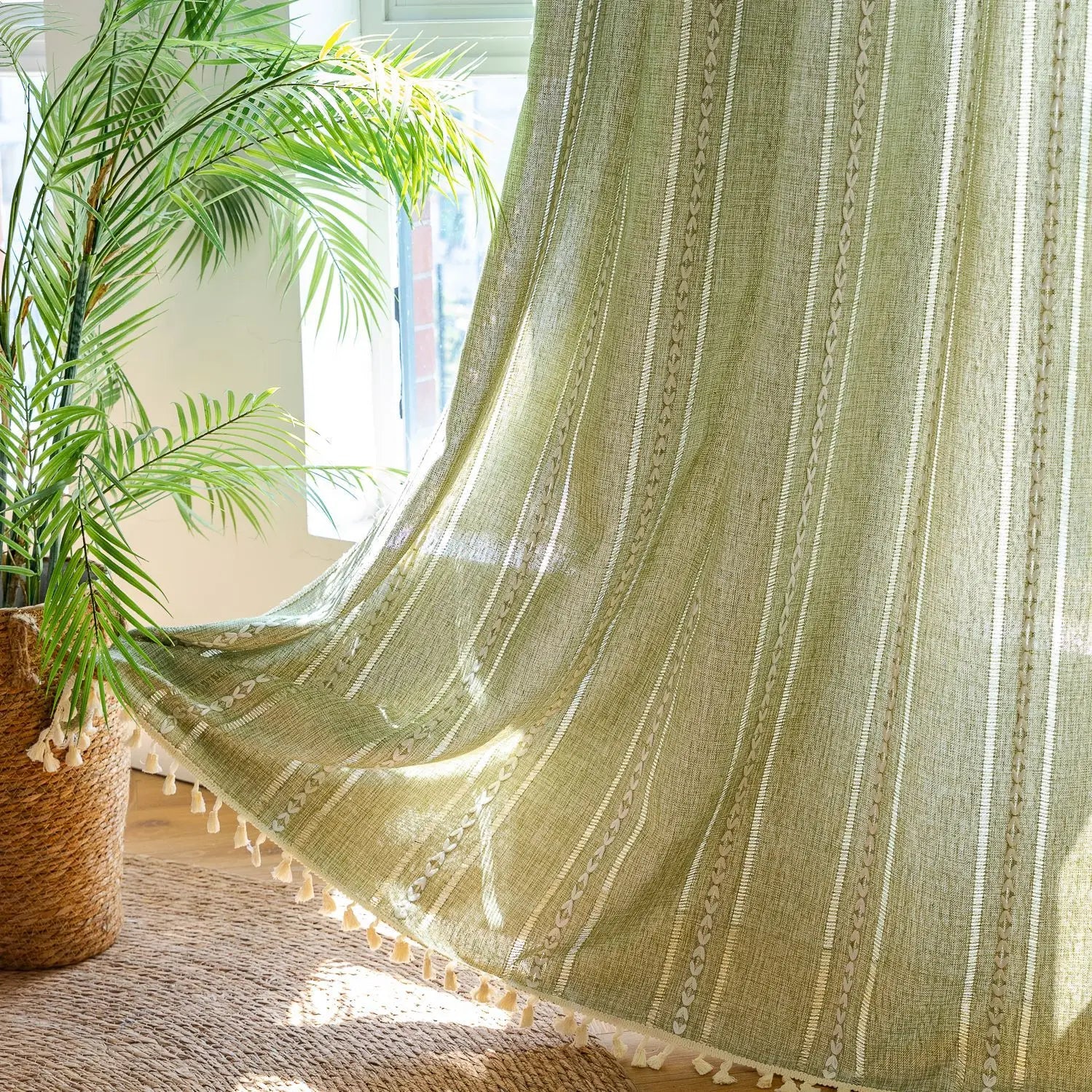 Rideau bohème en coton lin brodé à pompons style vintage