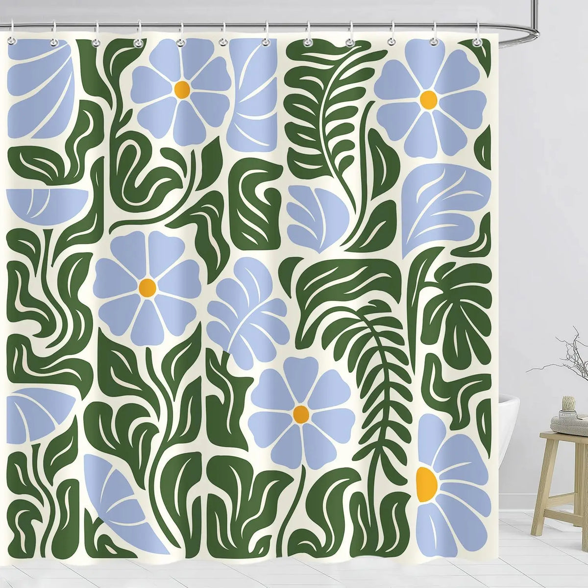 Rideau de douche polyester imperméable motif floral rétro bleu vert, largeur moins de 100 cm