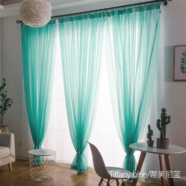 Rideau voilage tulle coloré polyester translucide, bleu tiffany