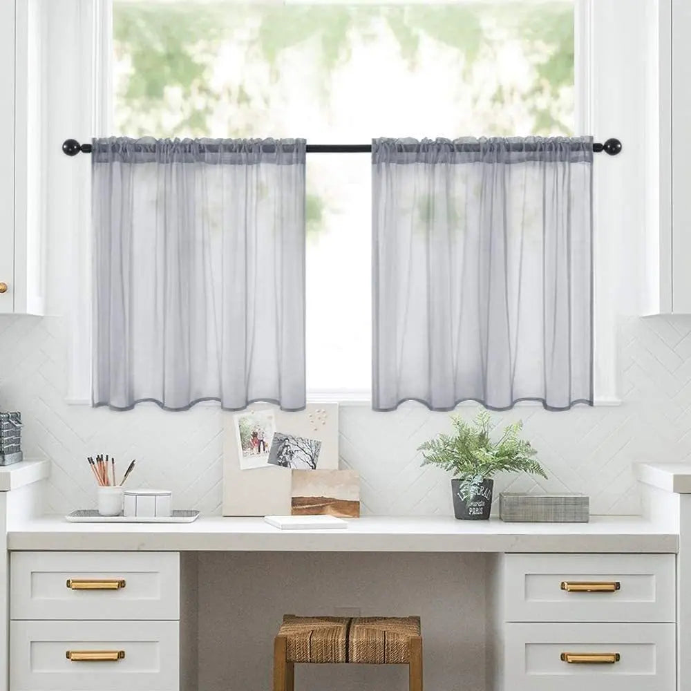 Petit rideau voilage court transparent uni pour cuisine et salle de bain (2 pièces)