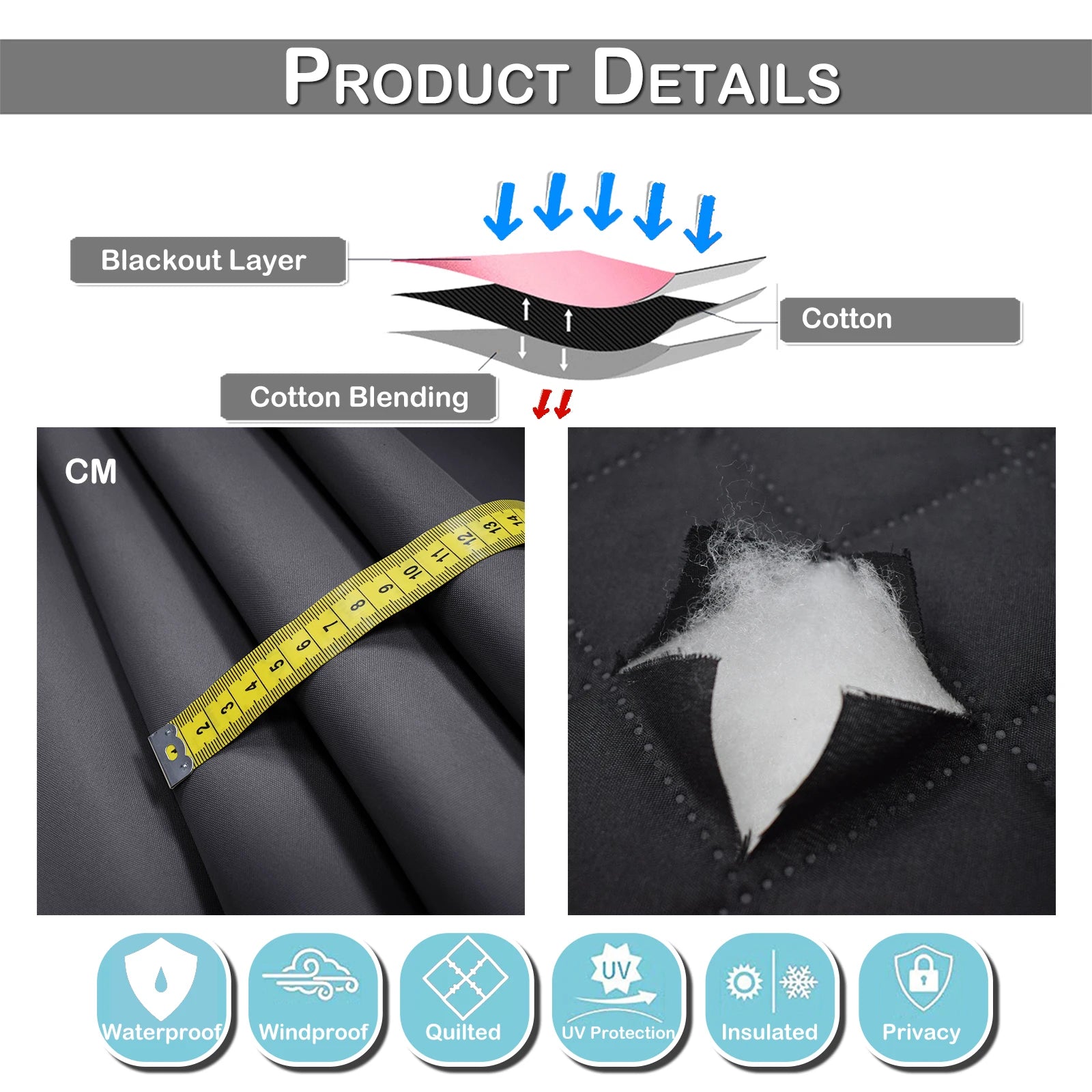 Rideau extérieur occultant thermique matelassé imperméable pour pergola