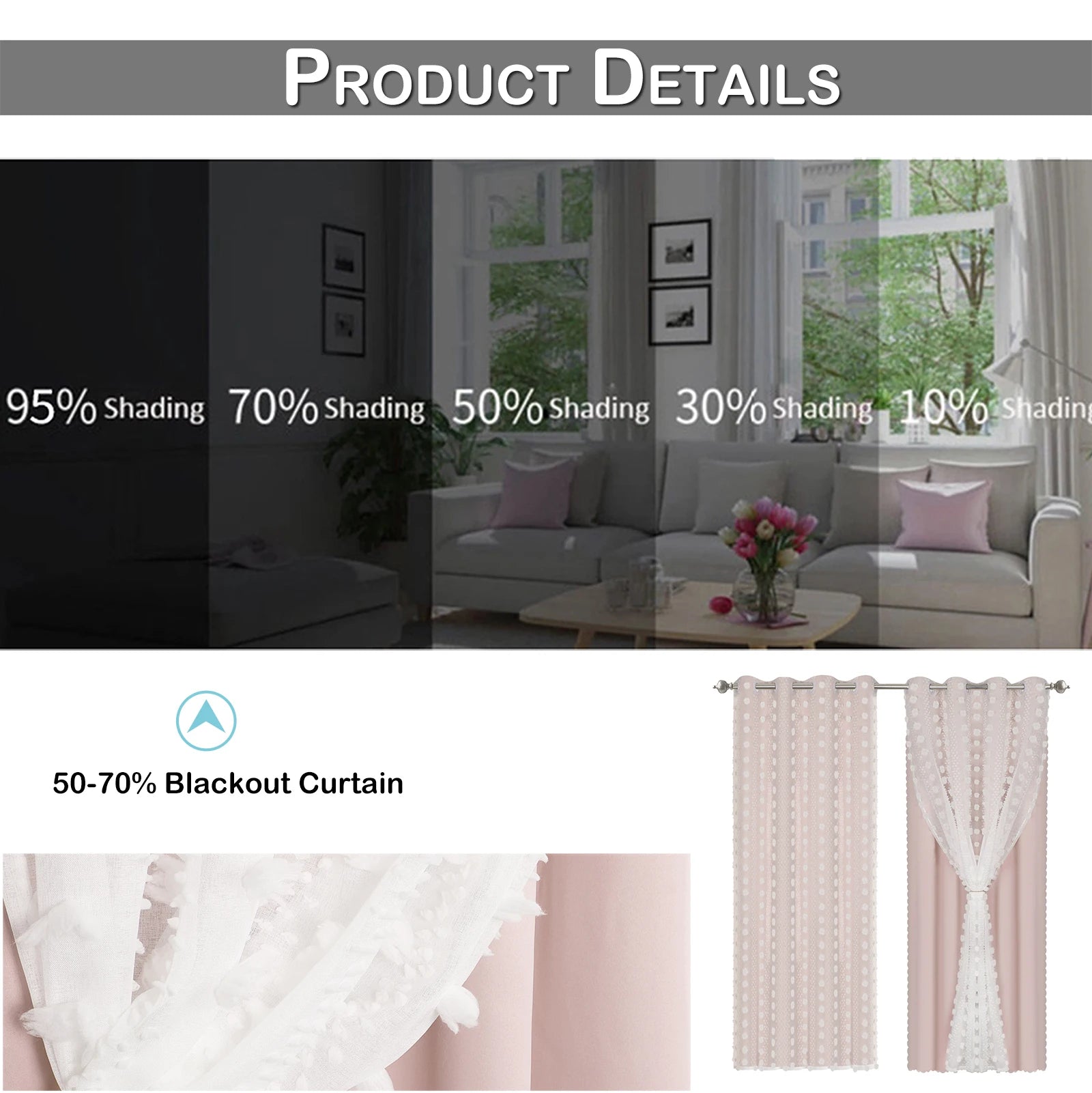 Rideau occultant double épaisseur avec voile pompons pour chambre enfant