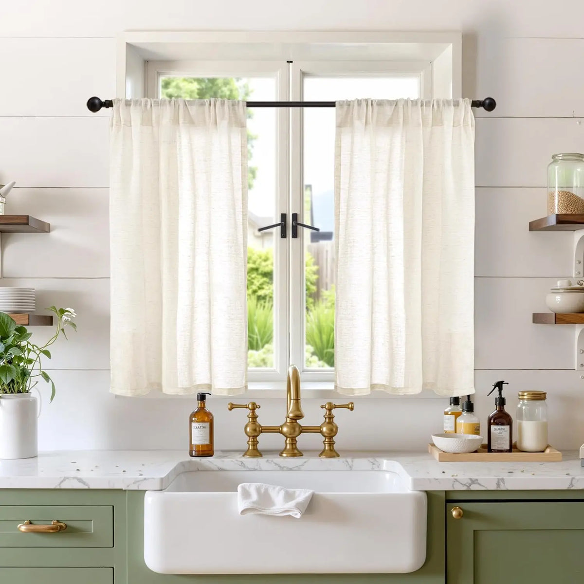 Petits rideaux de cuisine en lin beige crème style farmhouse (2 pièces, largeur moins de 100 cm