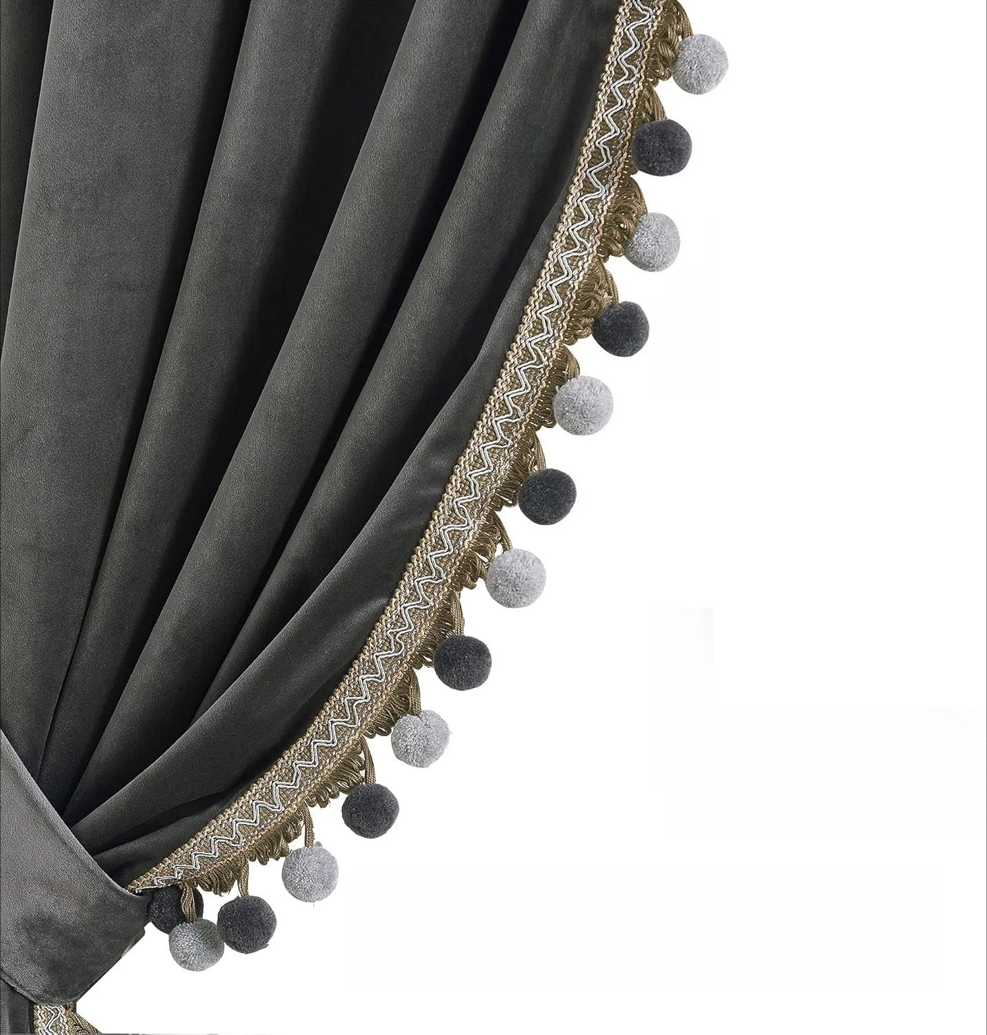 Rideau occultant velours avec galon pompons pour chambre