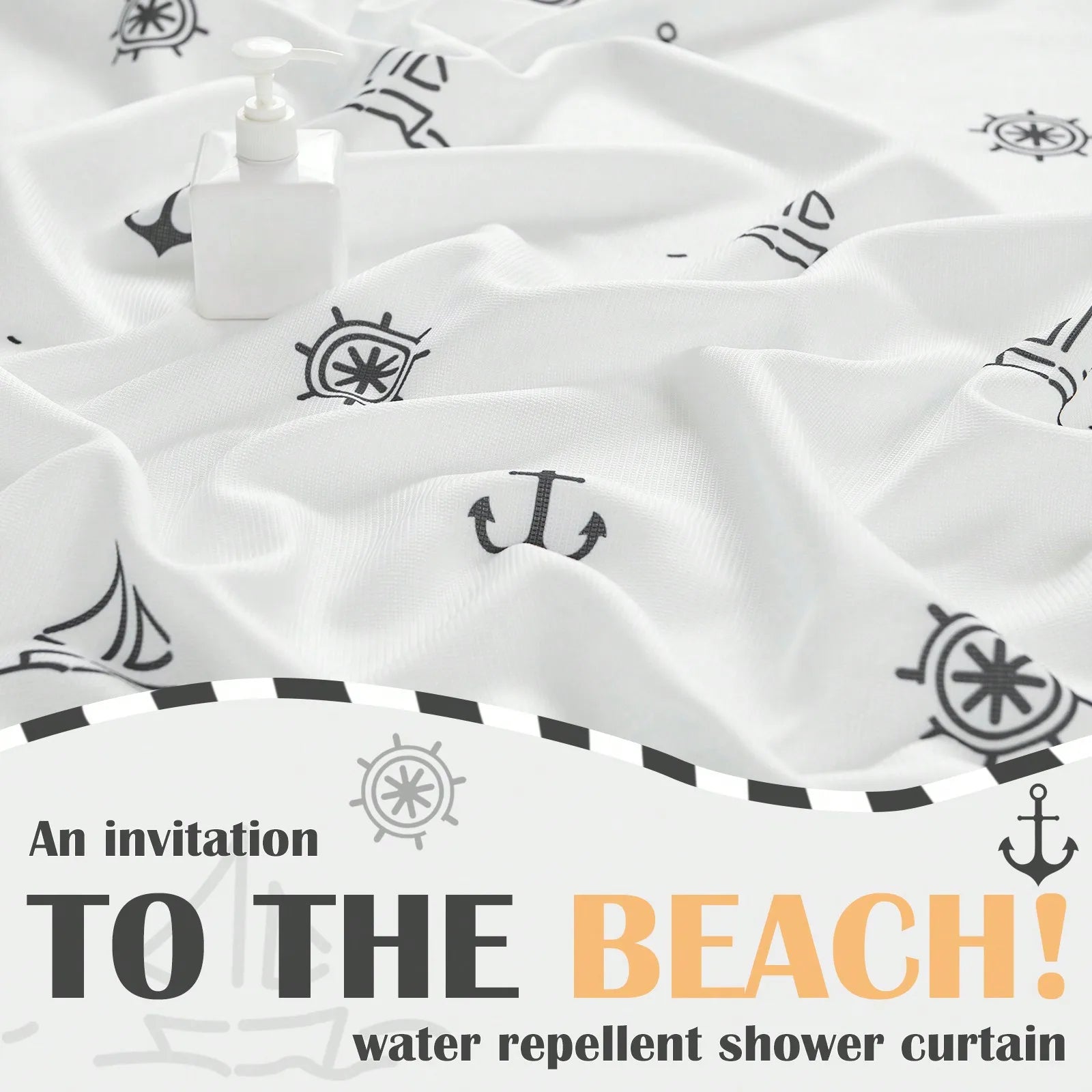 Rideau de douche en polyester imperméable motif marin nautique