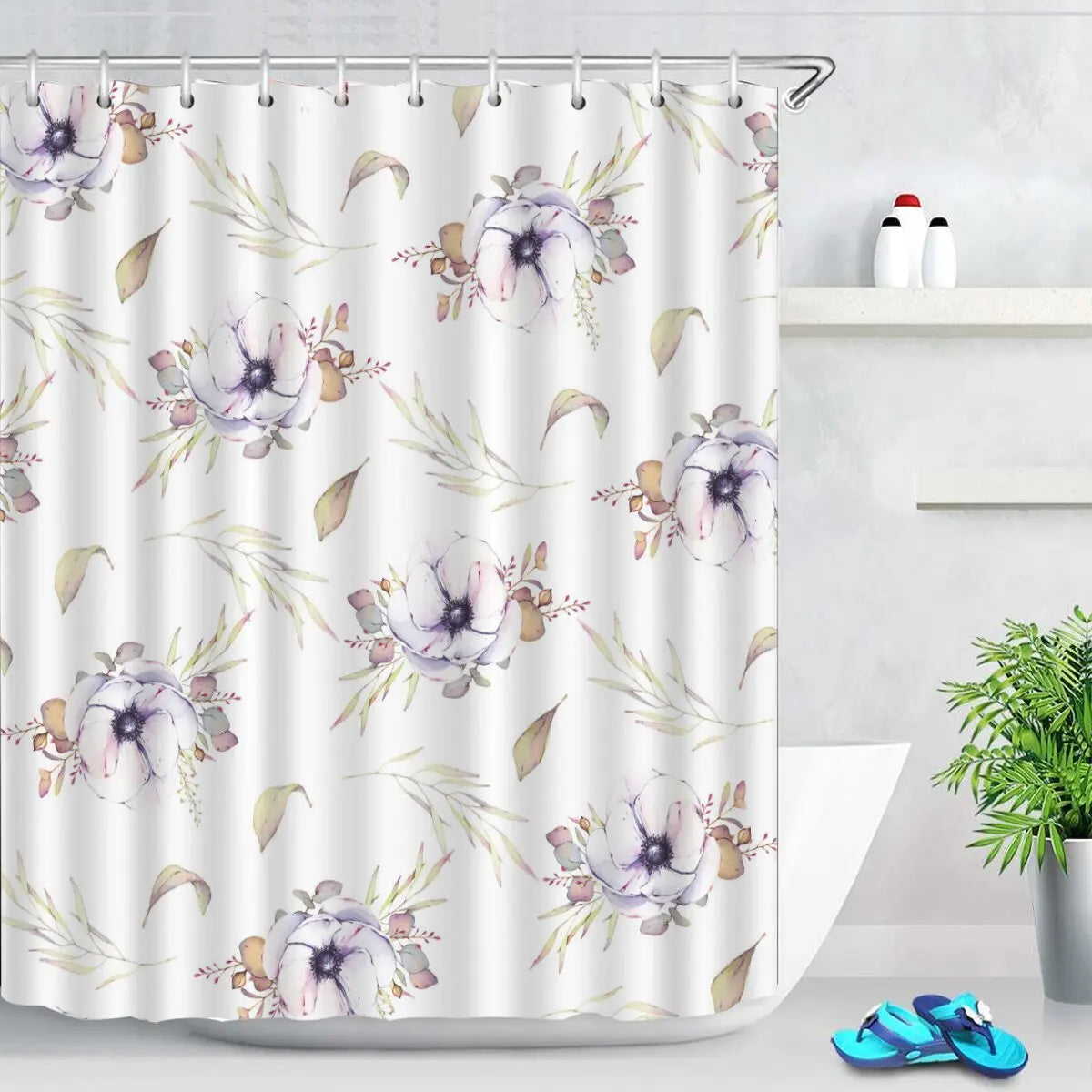 Rideau de douche en polyester imperméable motif tulipes roses