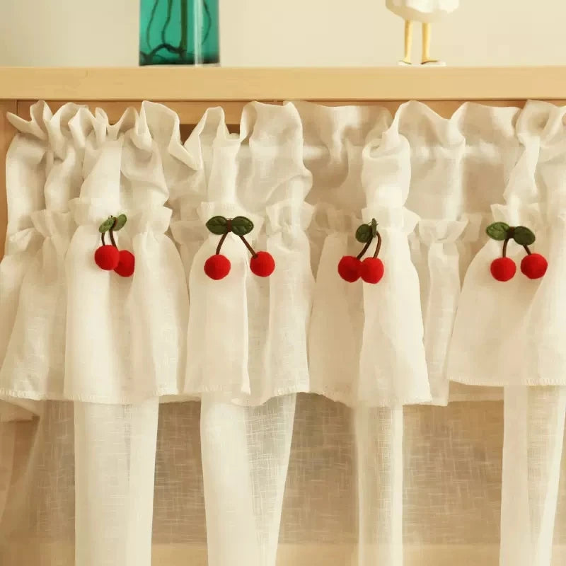 Rideau voilage court en lin blanc avec cantonnière à cerises pour petite fenêtre