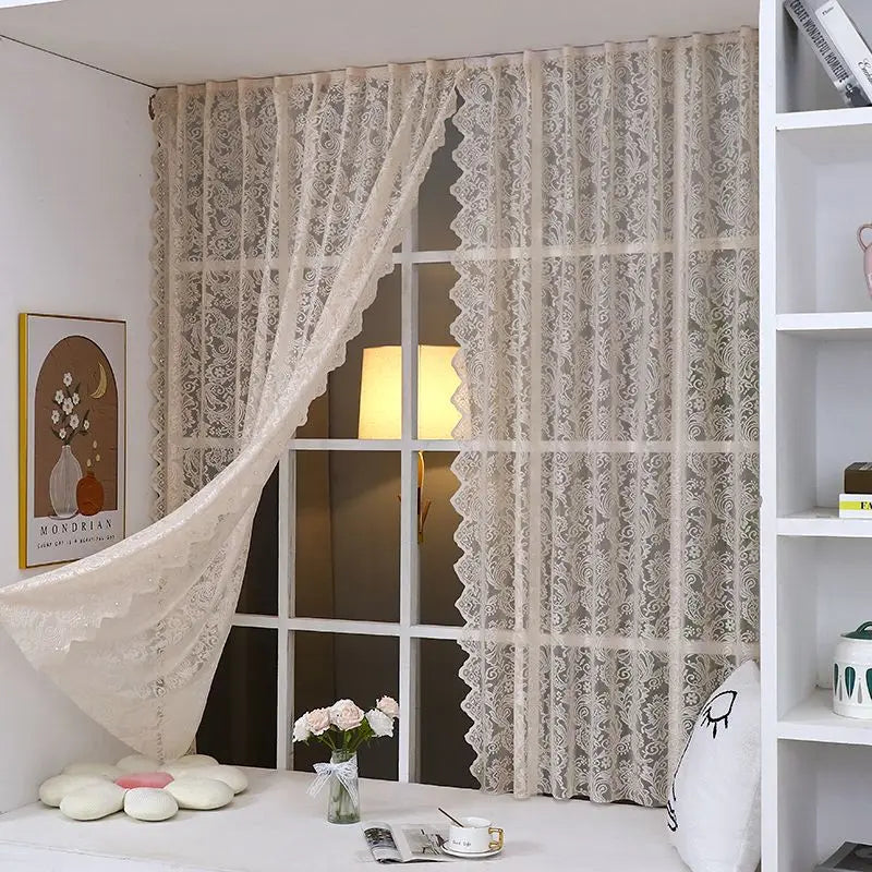 Rideau voilage en dentelle beige style princesse, largeur 140 à 199 cm