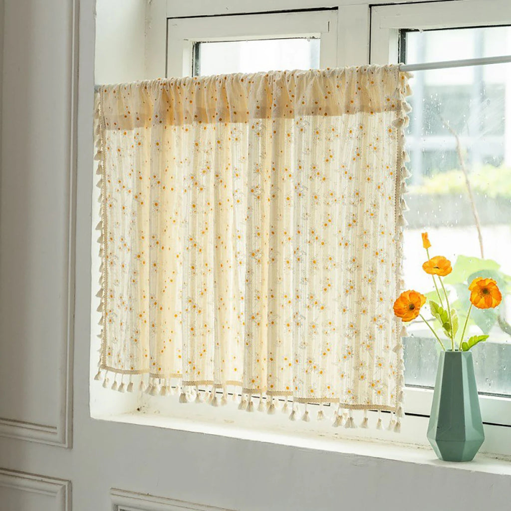 Rideau court en coton à motifs floraux avec pompons, largeur 140 à 199 cm