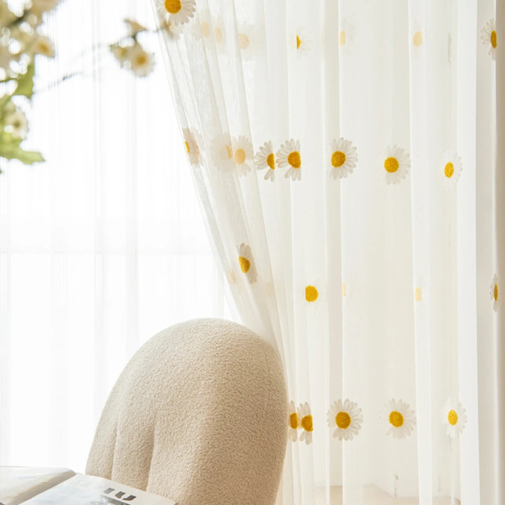 Rideau voilage marguerites style nordique tamisant pour salon et chambre