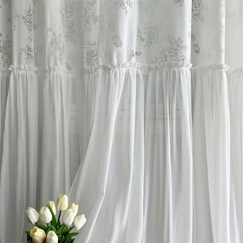 Rideaux voilage brodés motifs ronds dorés pour salon et chambre (2 panneaux)