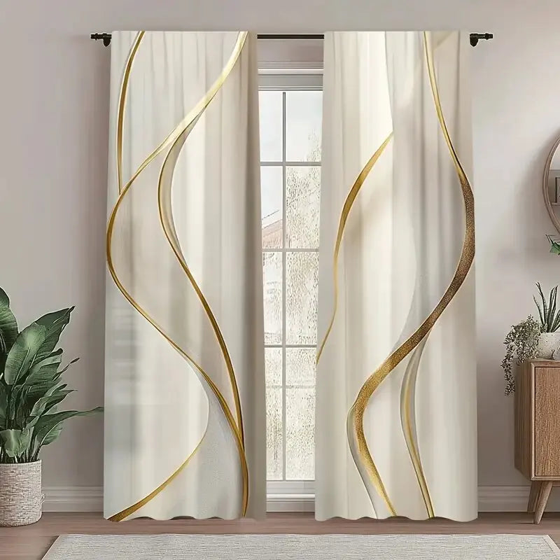 Rideaux tamisants crème à motifs lignes dorées en polyester (2 panneaux)