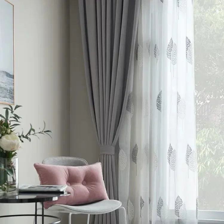 Rideau voilage blanc brodé motif arbre pour salon et chambre