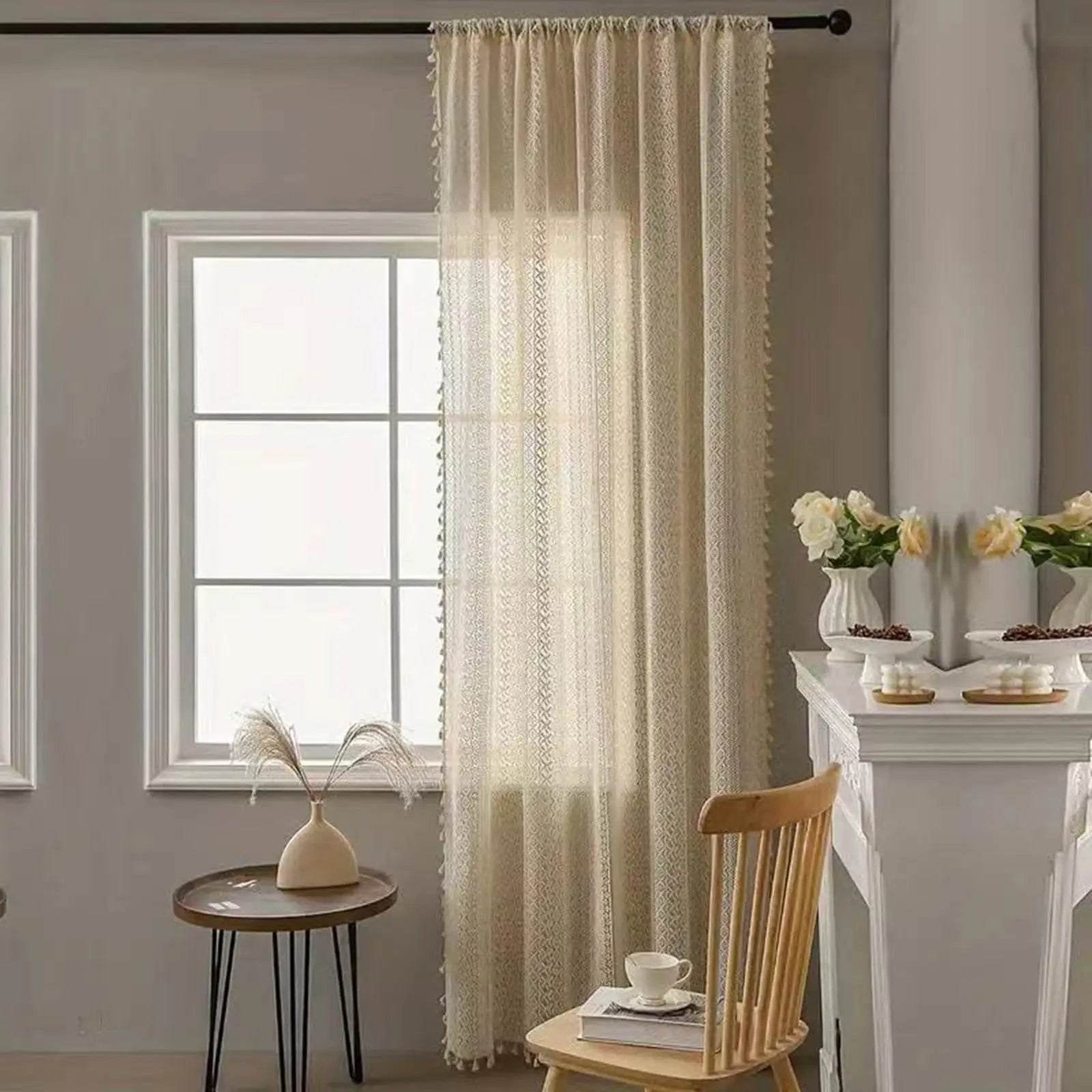 Rideau voilage bohème en coton macramé ajouré avec pompons