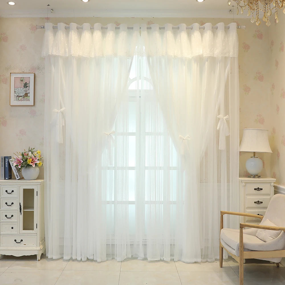 Rideau double épaisseur blanc avec voilage et nœuds papillon décoratifs