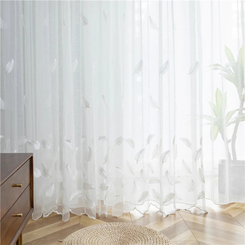 Voilage blanc brodé plumes transparent élégant pour salon chambre et cuisine (1 pièce)