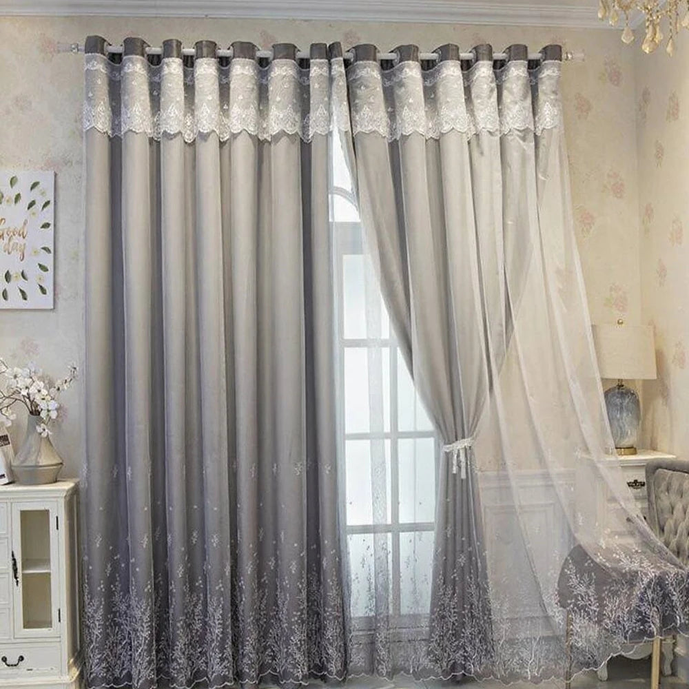 Rideau occultant double épaisseur gris foncé brodé style luxe, largeur 140 à 199 cm
