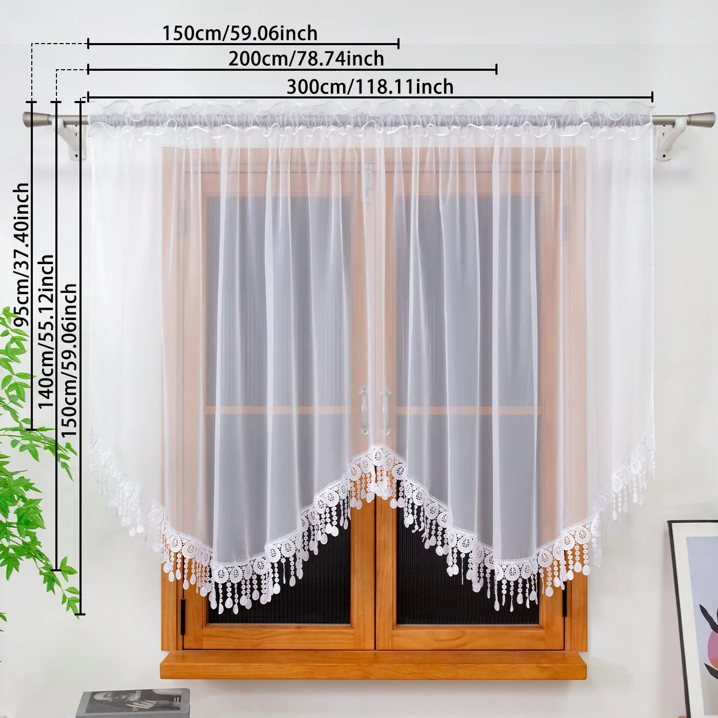 Rideau brise bise dentelle blanche tamisant finition pointe pour cuisine ( 1 pièce)