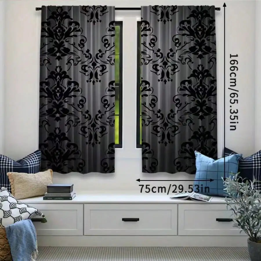 Rideaux voilage gris et noir à motifs damassés (2 panneaux), largeur moins de 100 cm