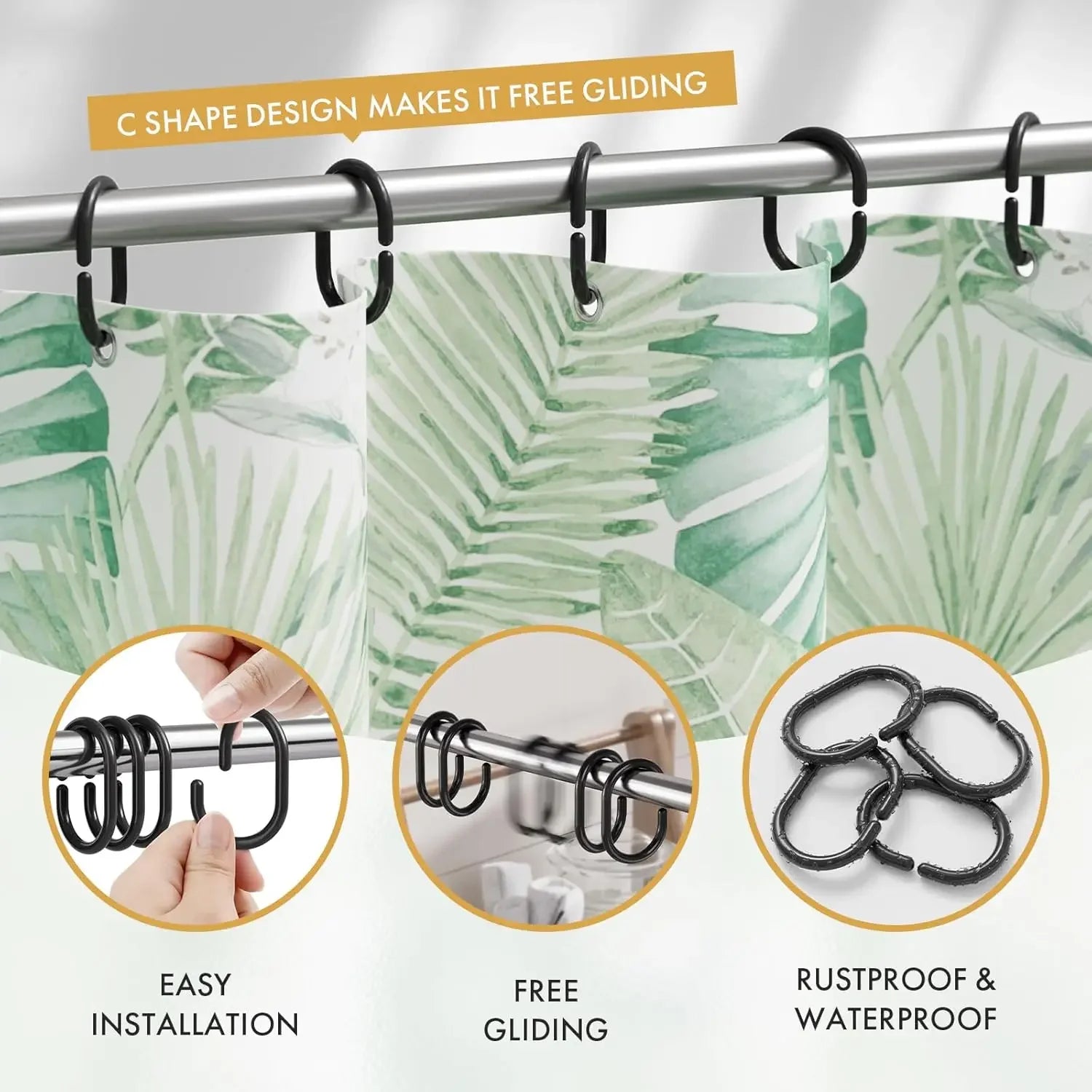 Lot de 12 crochets de rideau de douche en plastique en forme de C