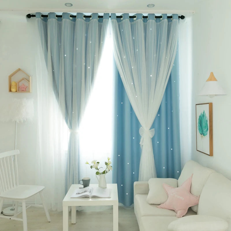 Rideaux occultants double couche étoiles avec voilage intégré bleu ou , bleu