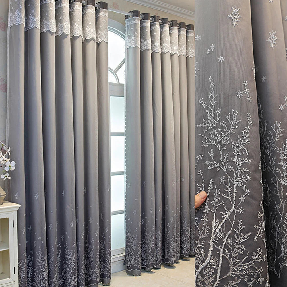 Rideau occultant double épaisseur gris foncé brodé style luxe, largeur 200 à 299 cm
